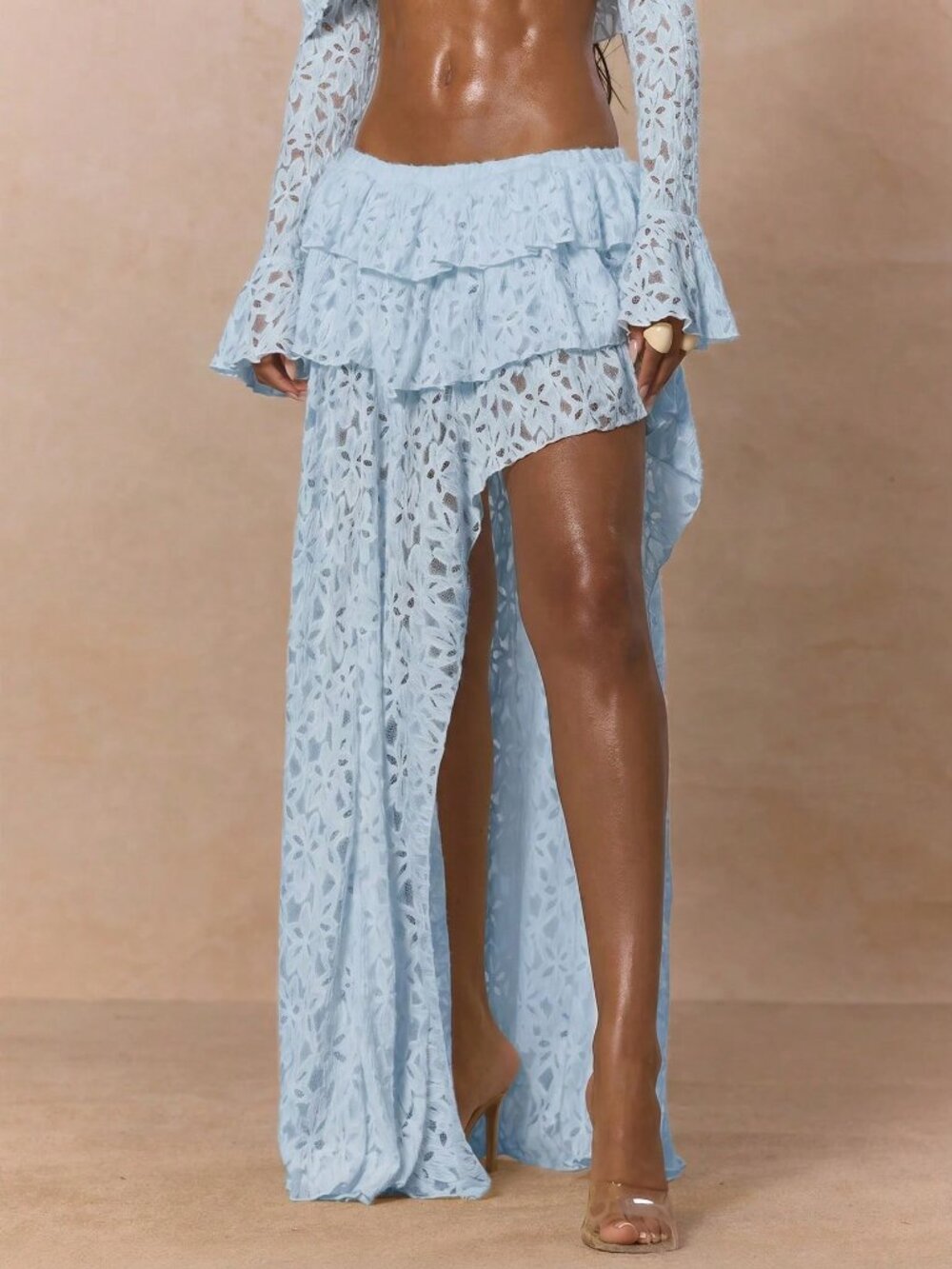 Baby Blue Cute Women's Lace Tiered Ruffle Asymmetric Split Maxi Skirt